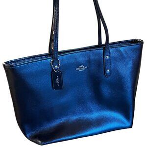 Coach blue metallic tote bag